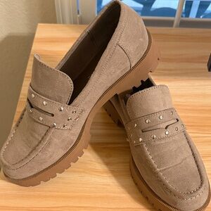 Sun + Stone Taupe Suede Studded Penny Loafers
